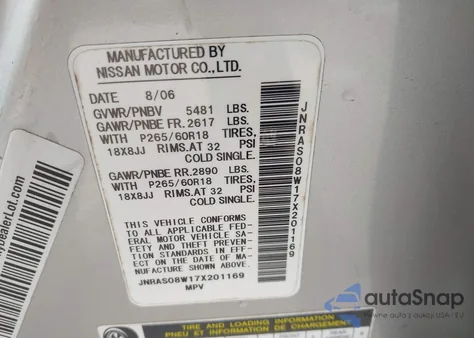 2007 Infiniti Fx35 z USA, uszkodzony, nr VIN JNRAS08W17X201169